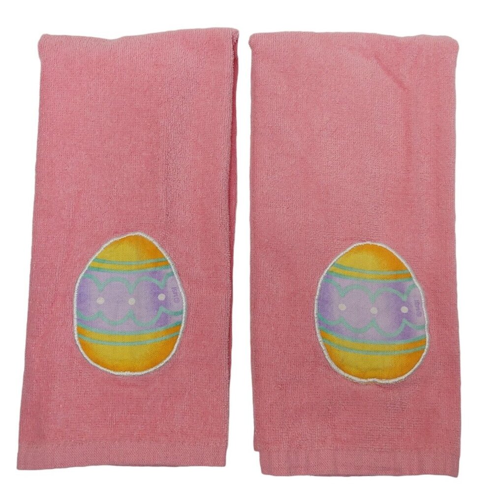 Vintage Easter Egg Hand Towels Pink Embroidered Bathroom Soft Cotton 14.5 x 23